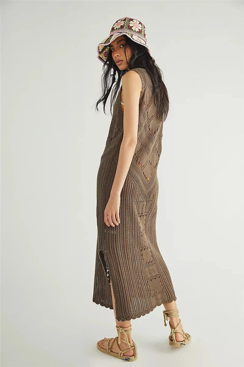 Women's Dress in Mesh – Relaxed Fit – V-Neck – Geometric Knit – Split