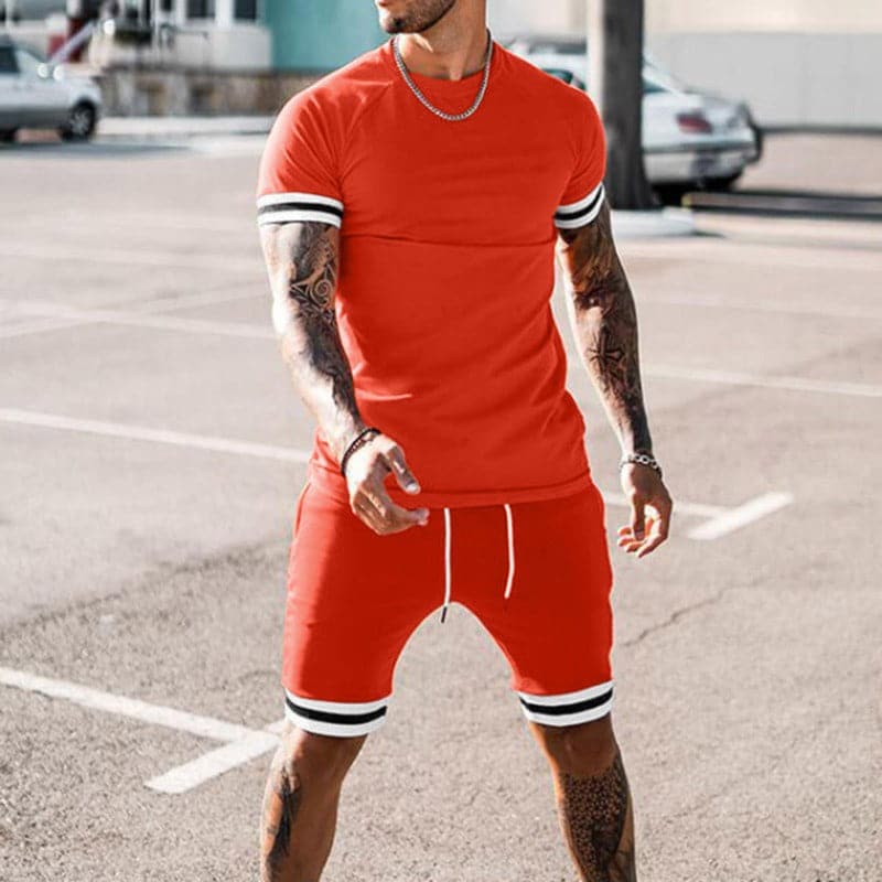 Men's Two-Piece Set - Short-Sleeved Round Neck T-Shirt - Elastic Drawstring Shorts