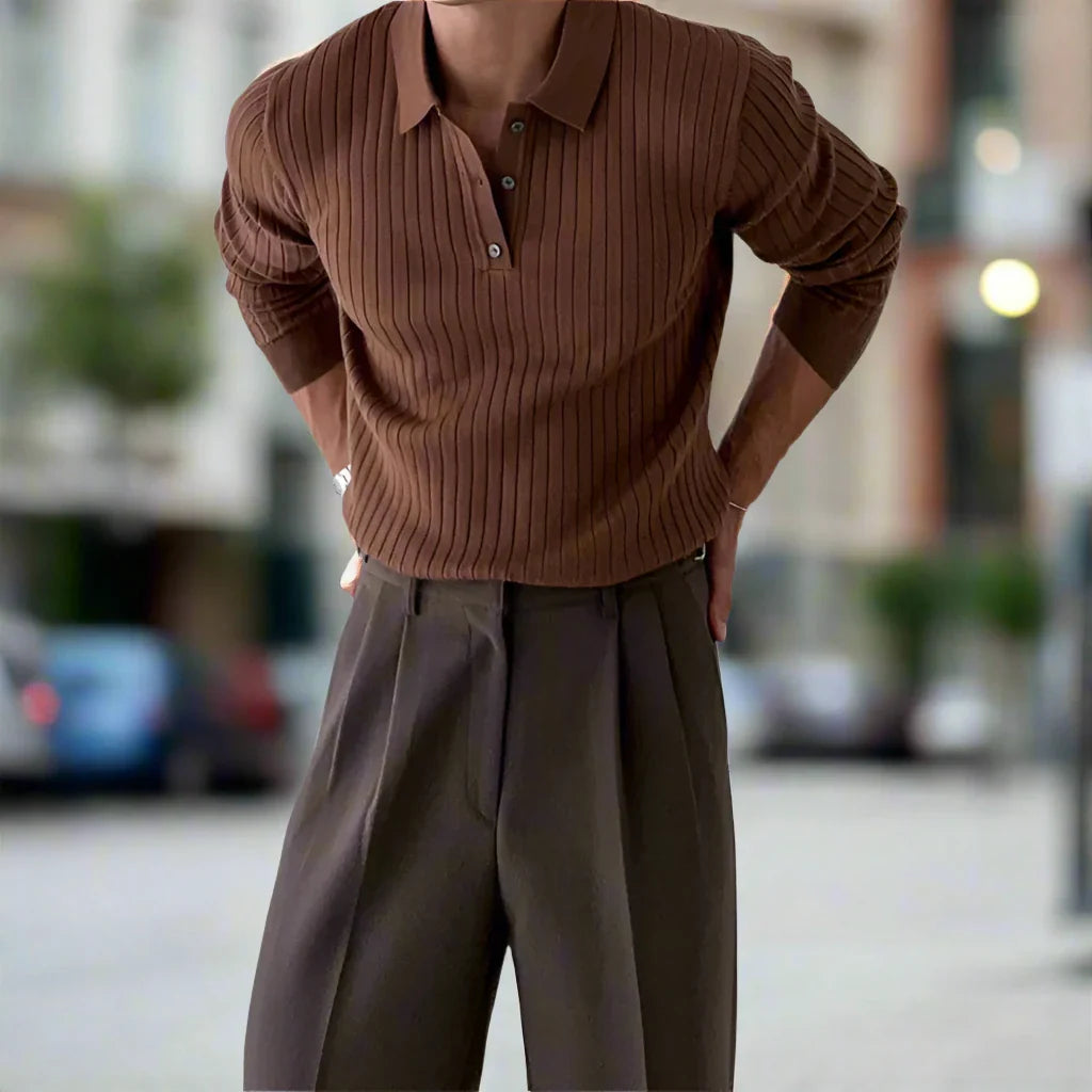 Men's Polo Shirt - Ribbed Knit - Long Sleeve - Comfortable and Stylish