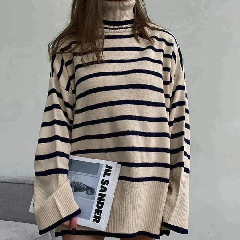 Women's Sweater - Oversized Fit - Stripes - High Neck - Soft and Warm Knit