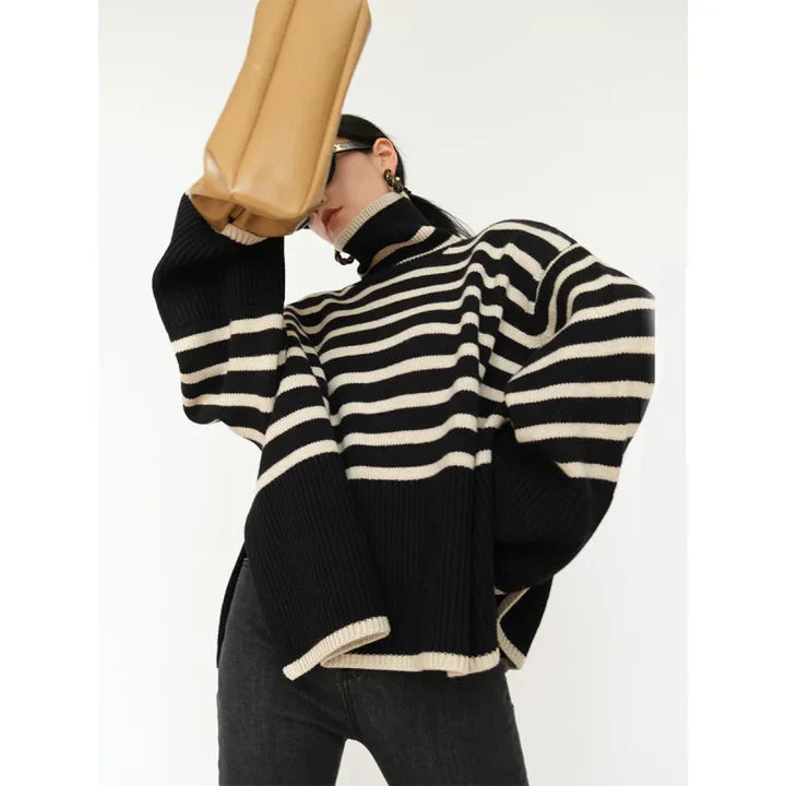 Women's Sweater with High Neck – Oversized Fit – Striped Ribbed Pullover