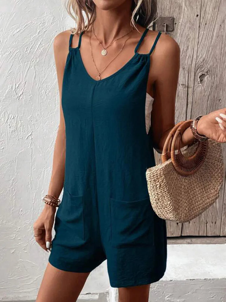 Women's Romper – Loose Fit – Sleeveless with Double Straps – Breathable Fabric – With Pockets