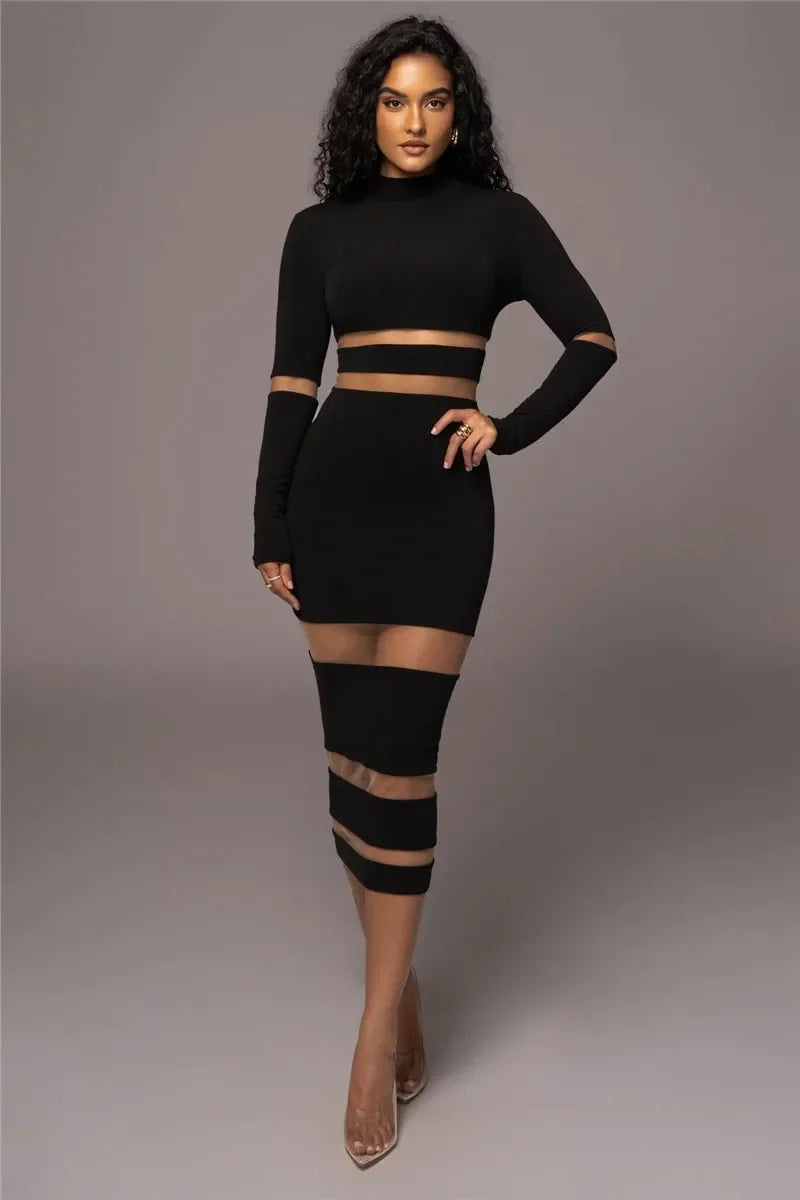 Dress for Women – Tight Fit – Midi Length – Long Sleeves – Cut-out Details