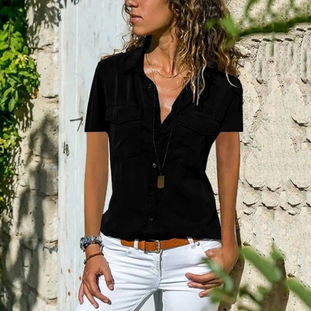 Women's Blouse – Tailored Fit – Short Sleeve – Breathable Fabric – Button Closure