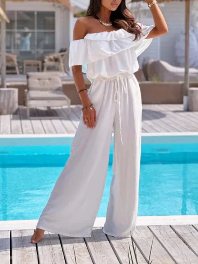 Women's jumpsuit – Off shoulder – Ruffle edge – Wide legs – Light breathable fabric