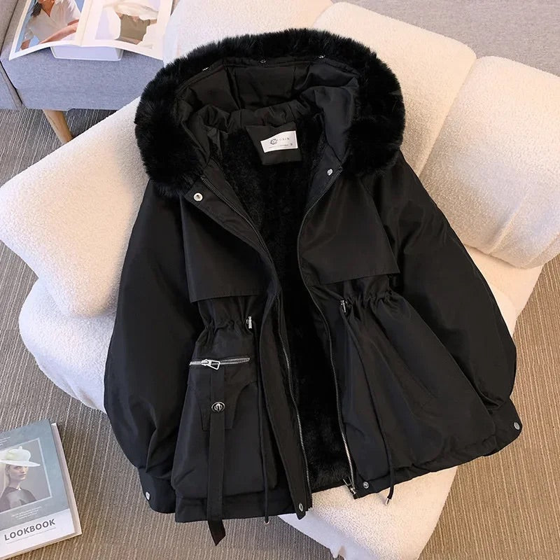 Women’s Coat - Woven Blend - Mid-Length - Adjustable Waist - Faux Fur Trim Hood