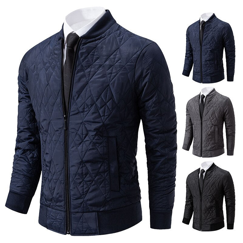 Men's Bomber Jacket - Padded and Warm - Diamond Quilted - Ribbed Collar