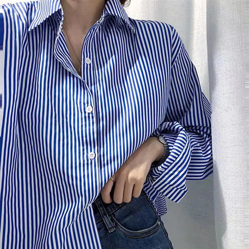 Women's Blouse – Oversized Fit – Vertical Stripes – Breathable Fabric – Long Sleeves
