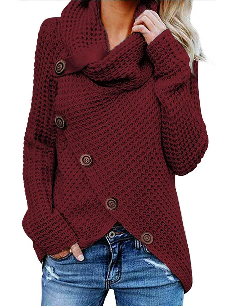 Women's Sweater – Knitted Wool – Relaxed Fit – Cowl Neck – Front Buttons
