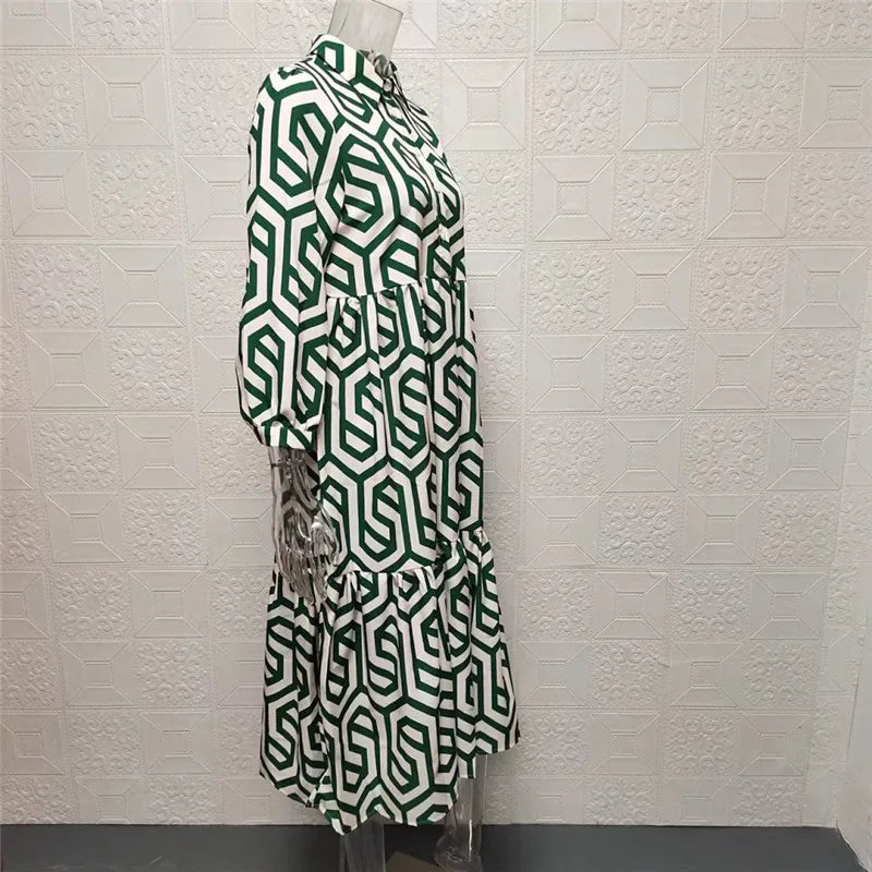 Women's Dress with Long Sleeves – Relaxed Fit – Tiered Cut – Geometric Pattern – Breathable Fabric