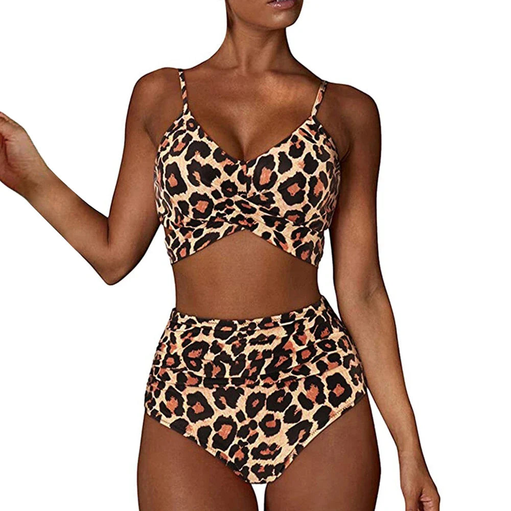 Women's Bikini Set – Cross-Front Top – High-Waisted Ruched Bottom – Soft Stretch