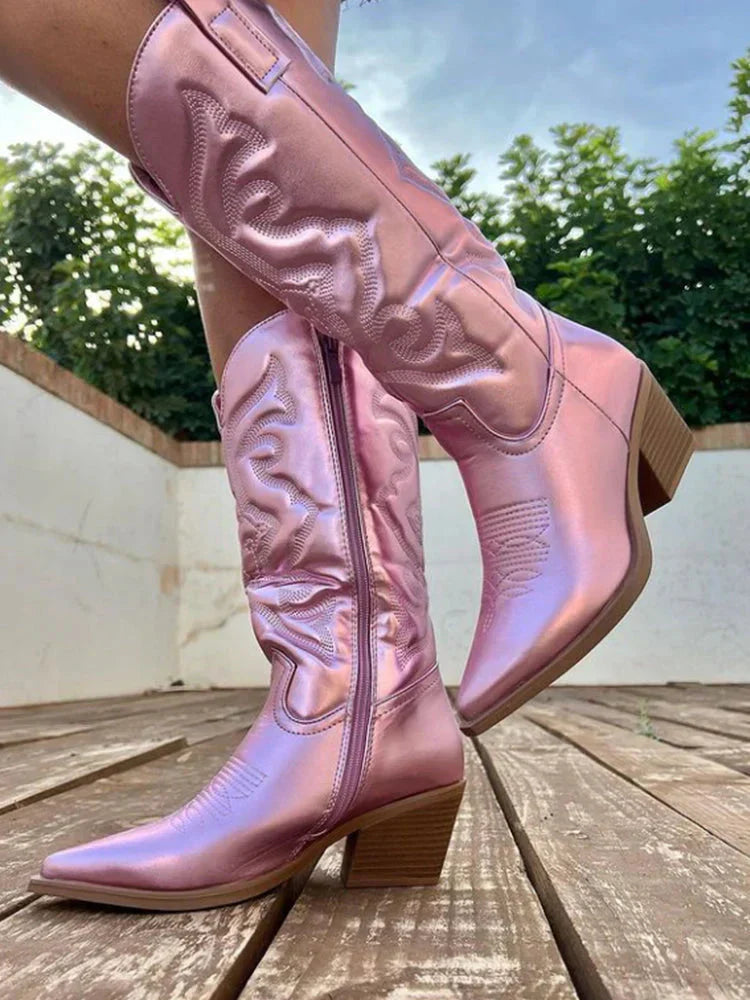Women's Cowboy Boots – Mid Height – Glossy Finish – Decorative Stitching and Zipper