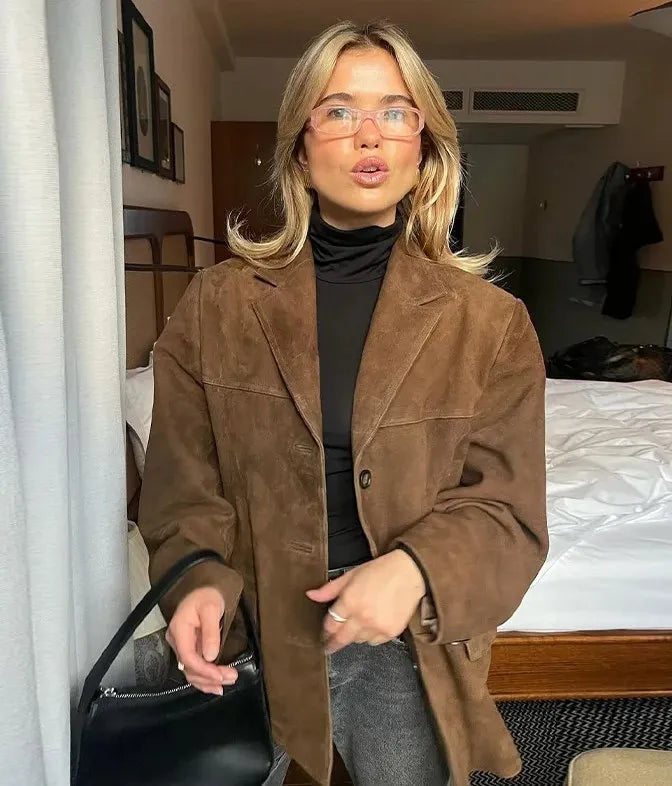 Women's Jacket - Tailored Suede Look - Short Length - Classic Collar - Buttons