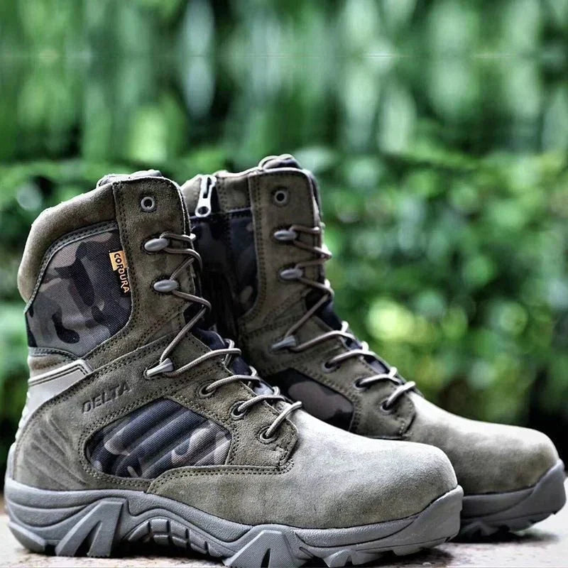 Men's Tactical Boots – Suede Leather – High Shaft – Non-Slip Sole – Lacing & Zipper
