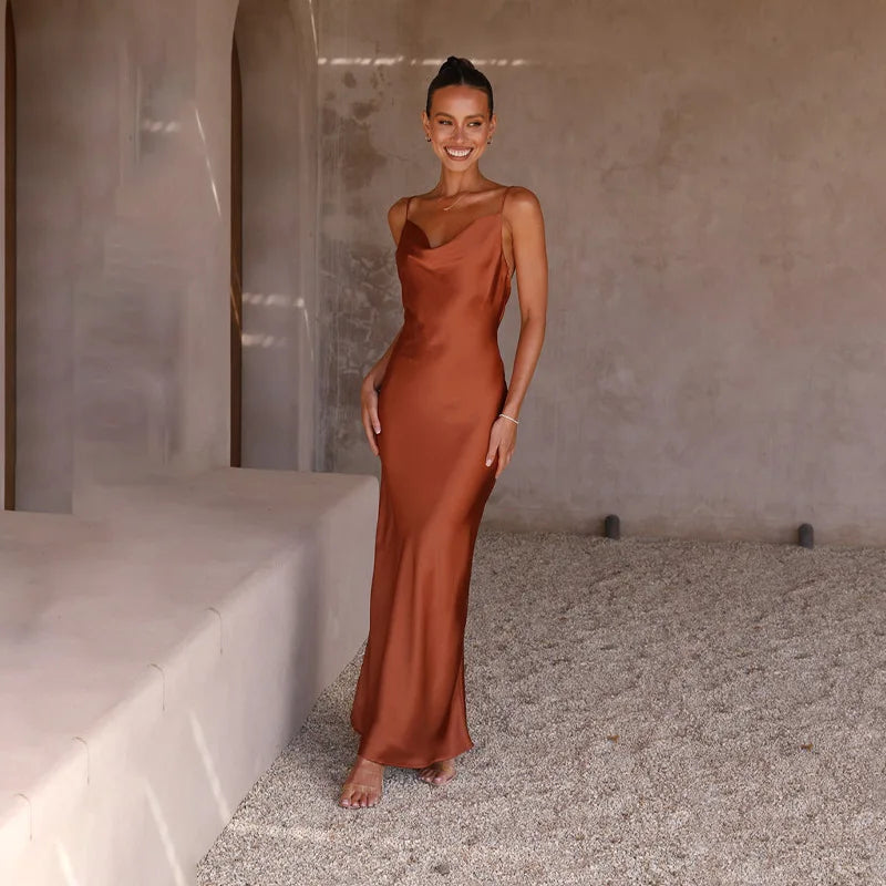 Dress for Women – Satin Maxi Dress – Tight Fit – Sleeveless with Draping