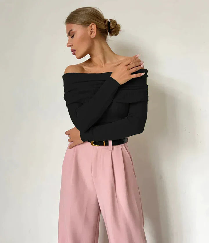 Women's Sweater – Off-Shoulder – Ribbed Knit – Slim Fit – Long Sleeves