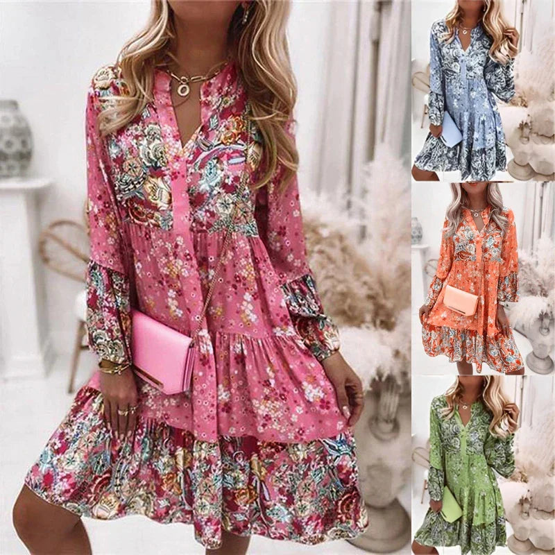 Women's Dress - Bohemian A-line - V-neck - Long Sleeves - Floral Print - Comfortable Fit