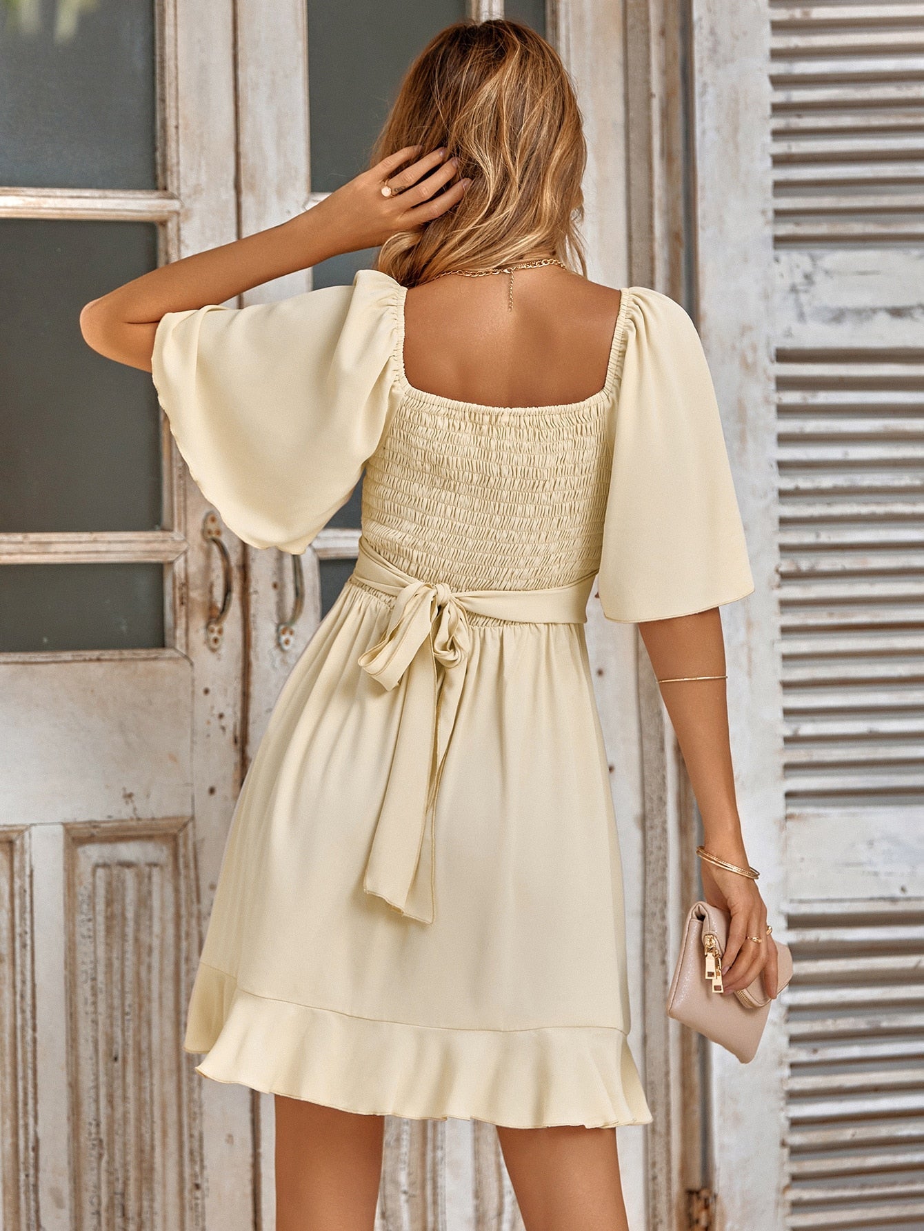 Women's Wrap Dress – A-line Fit – Ruffle Hem – Elbow-length Sleeves – V-neck