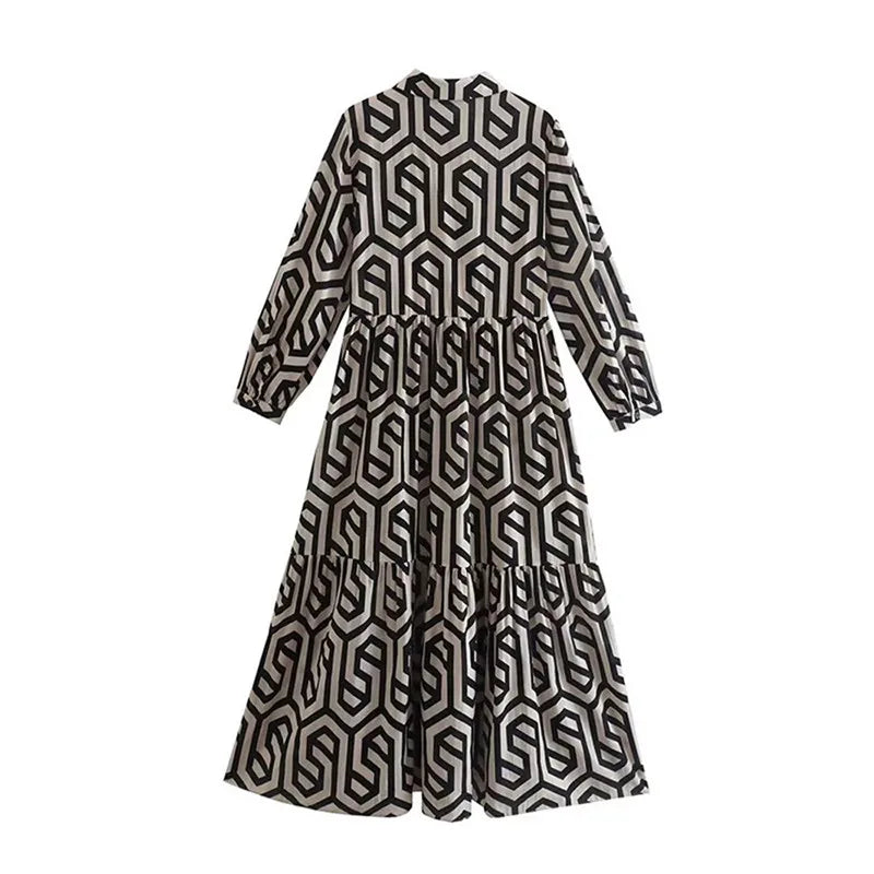 Women's Dress with Long Sleeves – Relaxed Fit – Tiered Cut – Geometric Pattern – Breathable Fabric