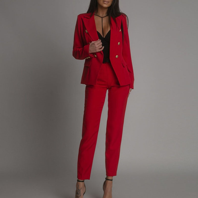 Women's Blazer Set – Tailored Fit – Luxurious Fabric – Double-Breasted Suit Outfit