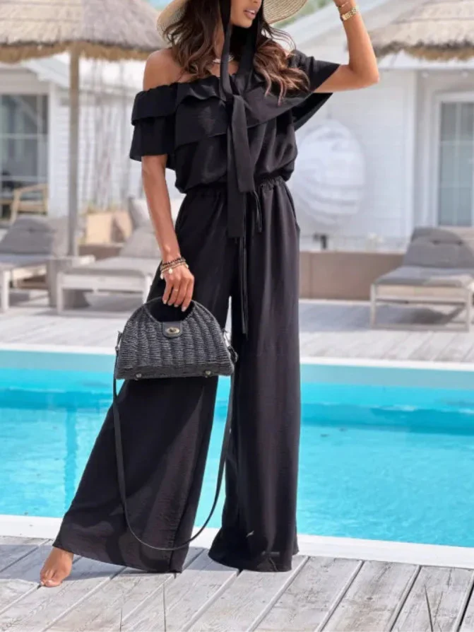 Women's jumpsuit – Off shoulder – Ruffle edge – Wide legs – Light breathable fabric
