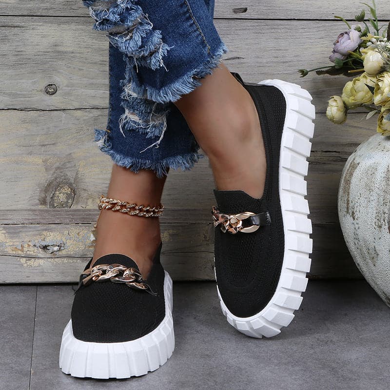 Women's Loafers - Chunky Platform Sole - Flexible Knitted Upper - Decorative Chain