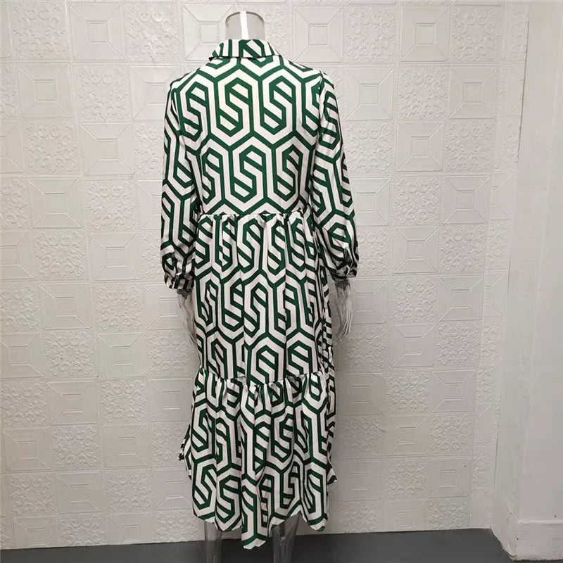 Women's Dress with Long Sleeves – Relaxed Fit – Tiered Cut – Geometric Pattern – Breathable Fabric