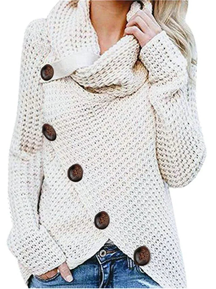 Women's Sweater – Knitted Wool – Relaxed Fit – Cowl Neck – Front Buttons