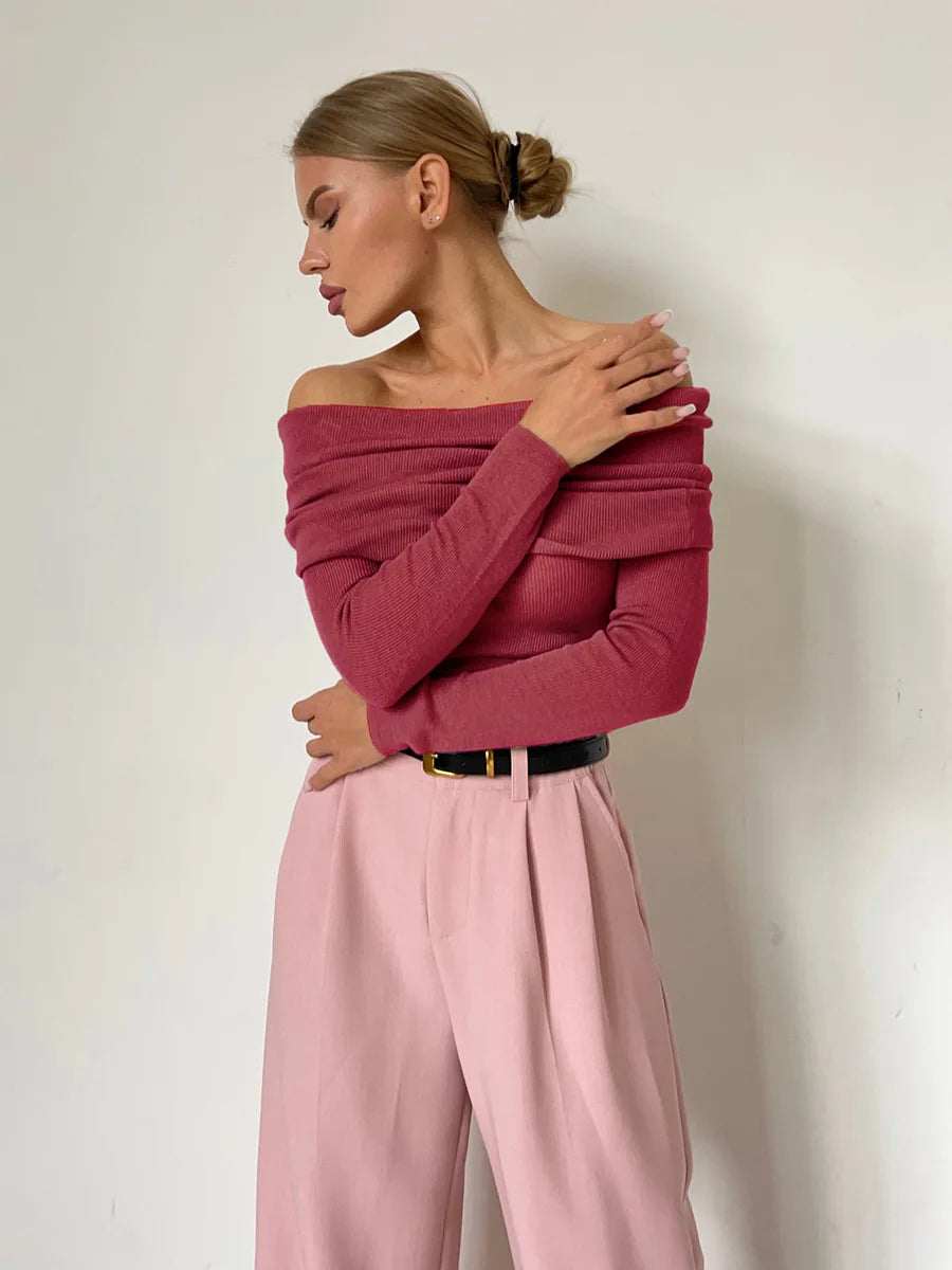 Women's Sweater – Off-Shoulder – Ribbed Knit – Slim Fit – Long Sleeves