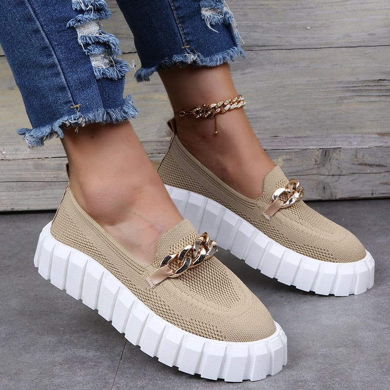 Women's Loafers - Chunky Platform Sole - Flexible Knitted Upper - Decorative Chain