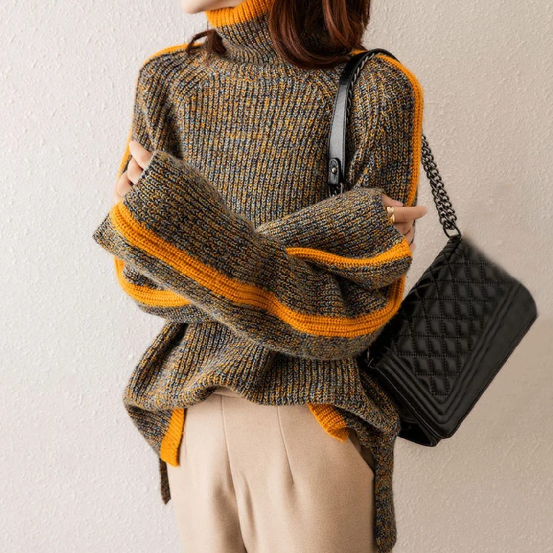 Freya Wool Turtleneck Sweater | Oversized Striped Sweater