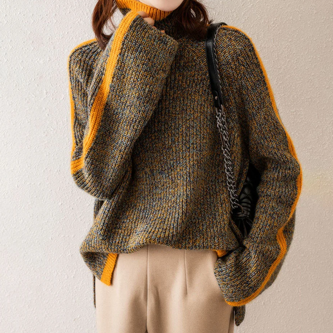 Freya Wool Turtleneck Sweater | Oversized Striped Sweater