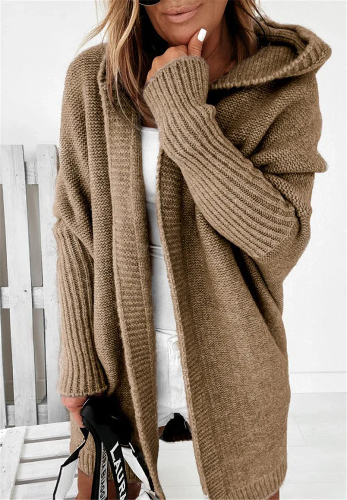 Women's Cardigan – Oversized Fit – Knitted Wool Blend – Hood and Open Front