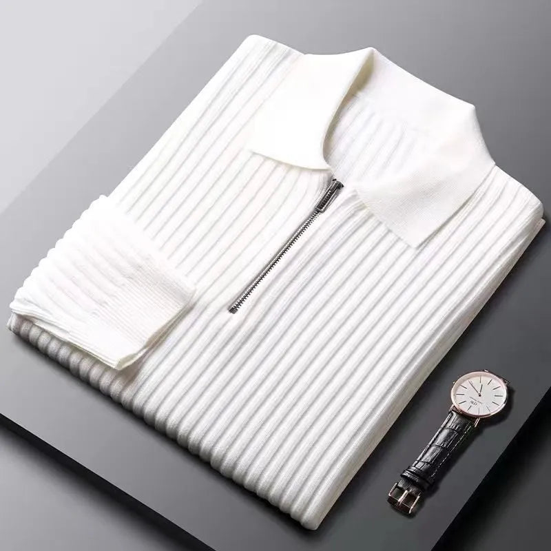 Men's Sweater – Wool – Half Zipper – Ribbed Knit – Polo Collar – Regular Fit