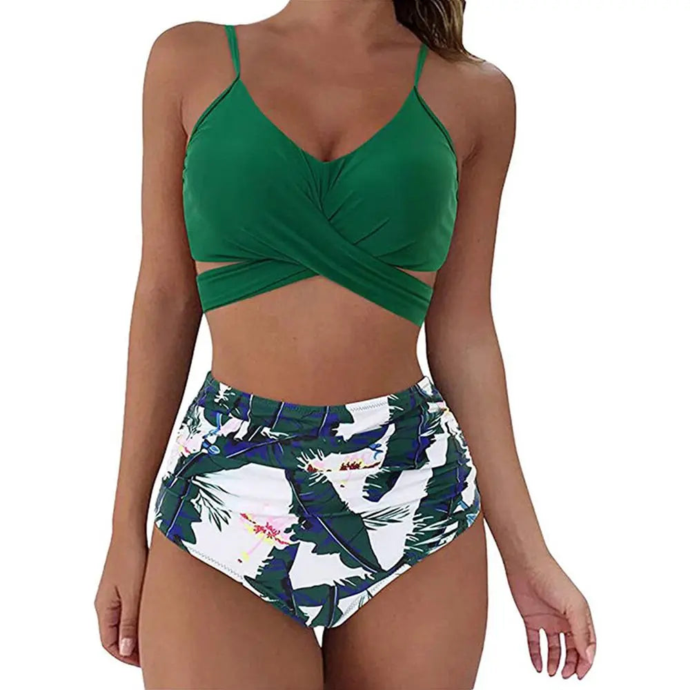 Women's Bikini Set – Cross-Front Top – High-Waisted Ruched Bottom – Soft Stretch