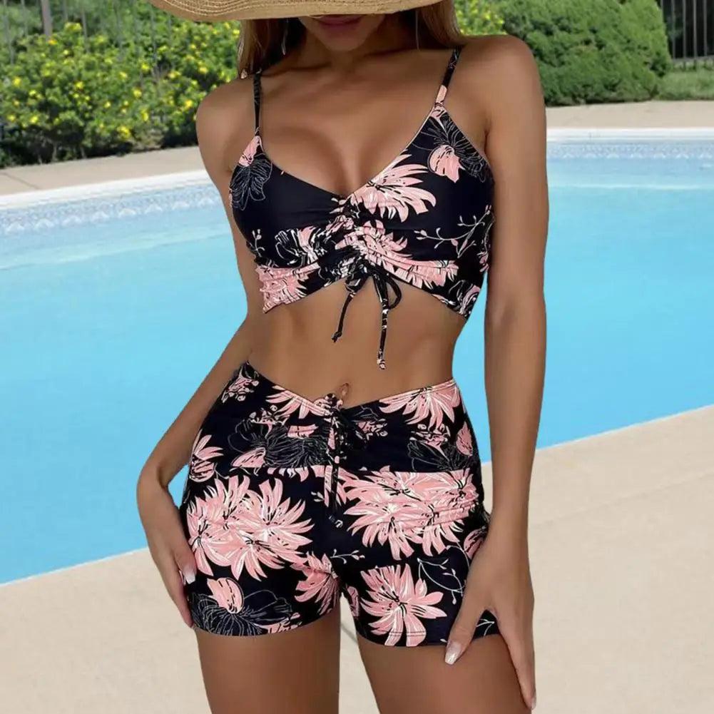 Women's Bikini Set – V-neck Lace-up Top – High Waist – Breathable Elastic Fabric