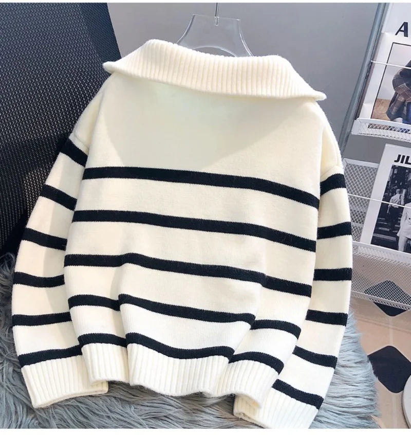 Women's Sweater - Cotton - Half Zipper - Stripes - Relaxed Fit