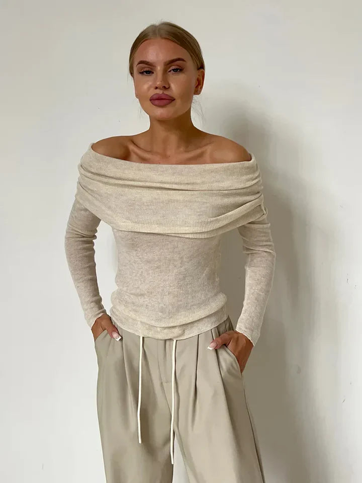 Women's Sweater – Off-Shoulder – Ribbed Knit – Slim Fit – Long Sleeves