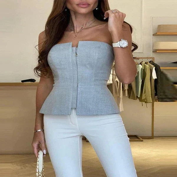 Women's Strapless Top – Figure-Hugging Fit – Zipper – Peplum – Textured Fabric