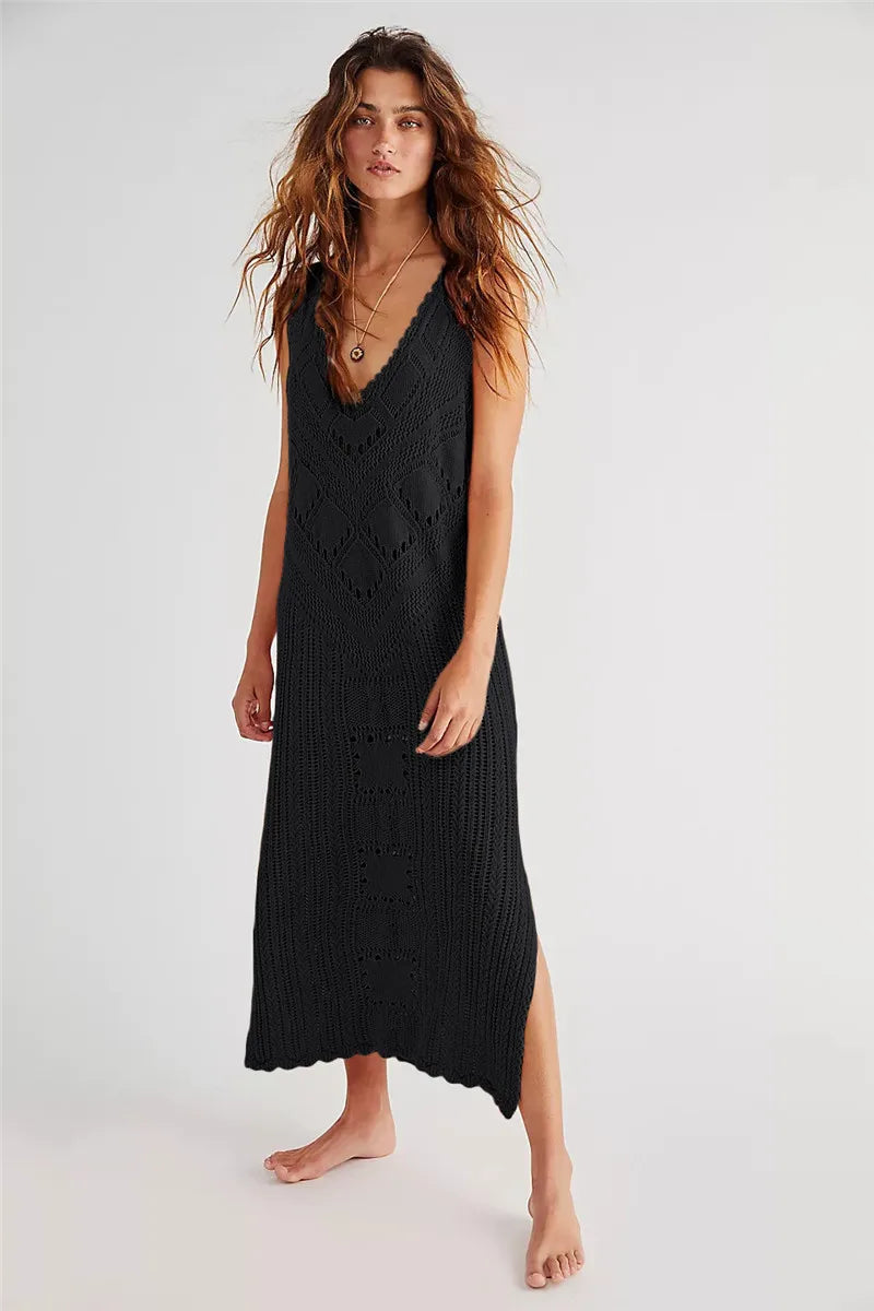 Women's Dress in Mesh – Relaxed Fit – V-Neck – Geometric Knit – Split