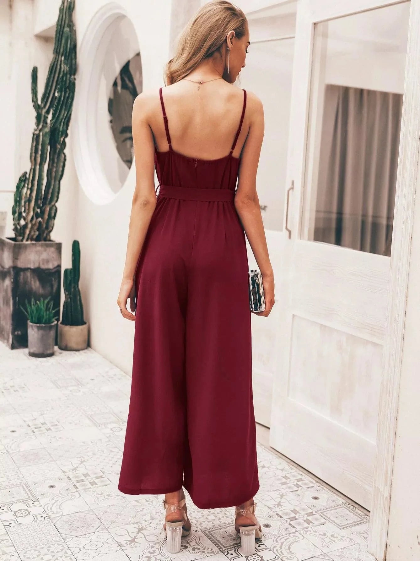 Women's Maxi Dress - V-neck - Spaghetti Straps - Wrap Design - High Slit - Tie Belt