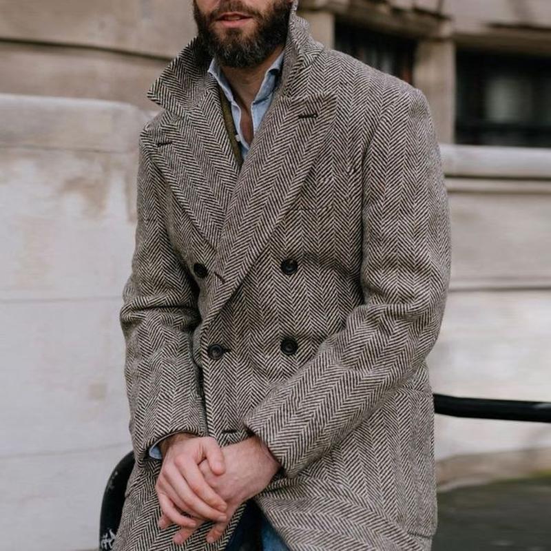 Men's Coat - Double-Breasted Wool Blend - Herringbone Pattern - Tailored Fit