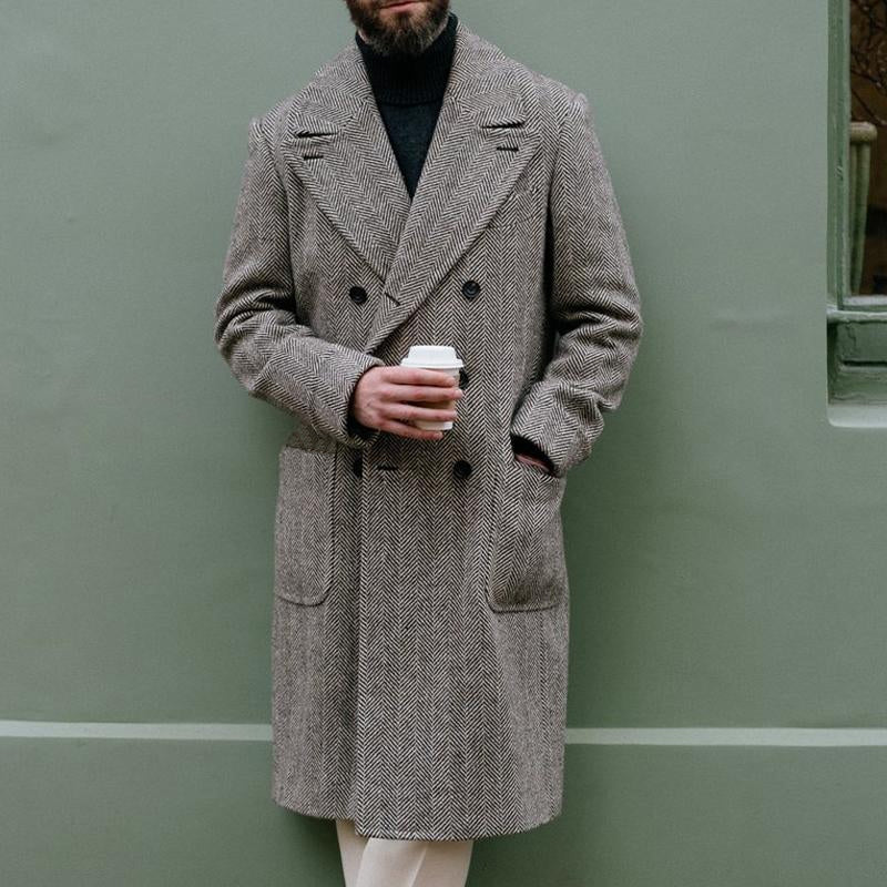 Men's Coat - Double-Breasted Wool Blend - Herringbone Pattern - Tailored Fit