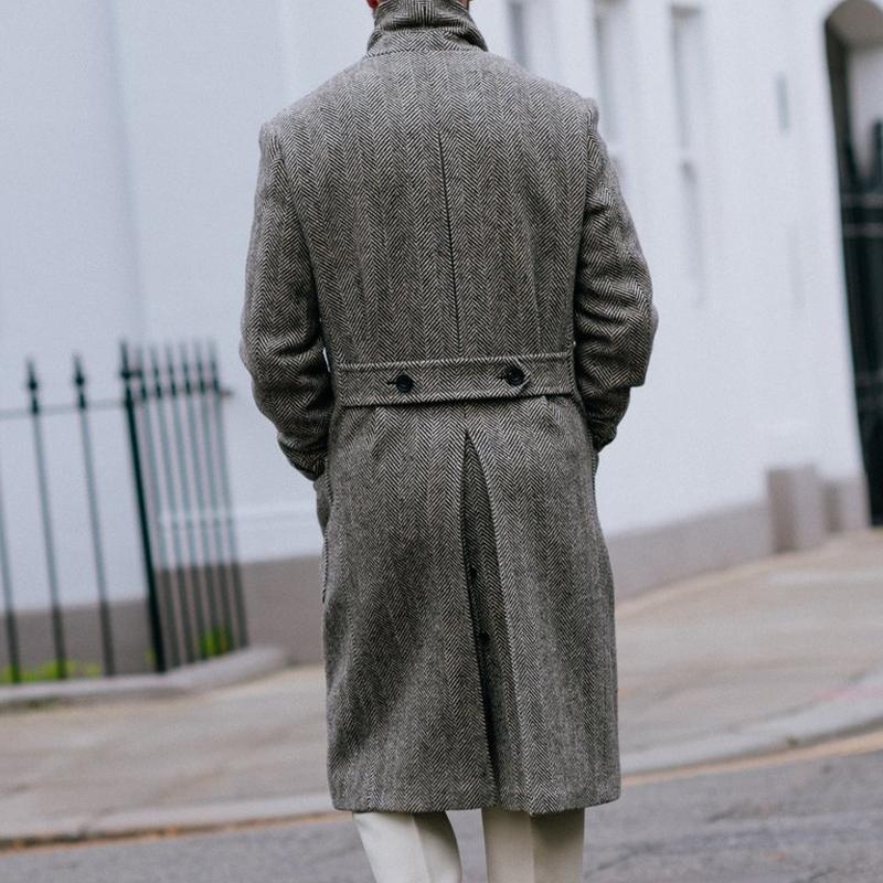 Men's Coat - Double-Breasted Wool Blend - Herringbone Pattern - Tailored Fit