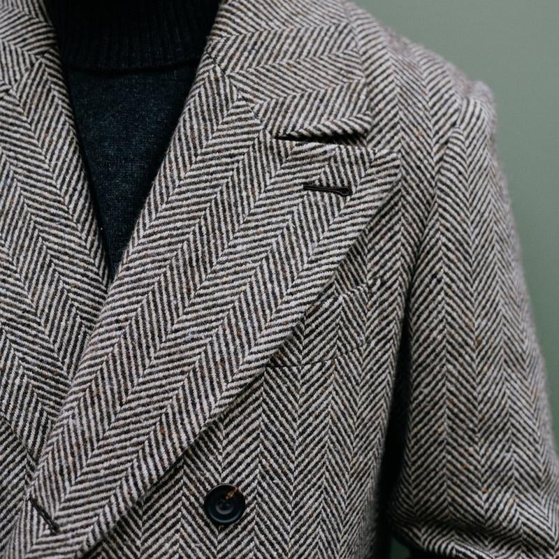 Men's Coat - Double-Breasted Wool Blend - Herringbone Pattern - Tailored Fit