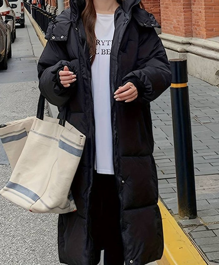 Dame Lang Pufferjakke – Vannavstøtende – Quilted Design – Hette – Varm og Komfortabel