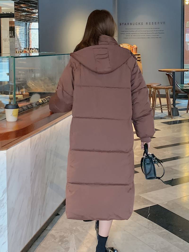 Dame Lang Pufferjakke – Vannavstøtende – Quilted Design – Hette – Varm og Komfortabel