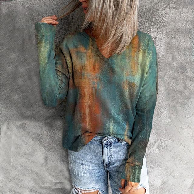 Women's Long-Sleeve Top - Comfortable Fit - Round Neck - Trendy Pattern