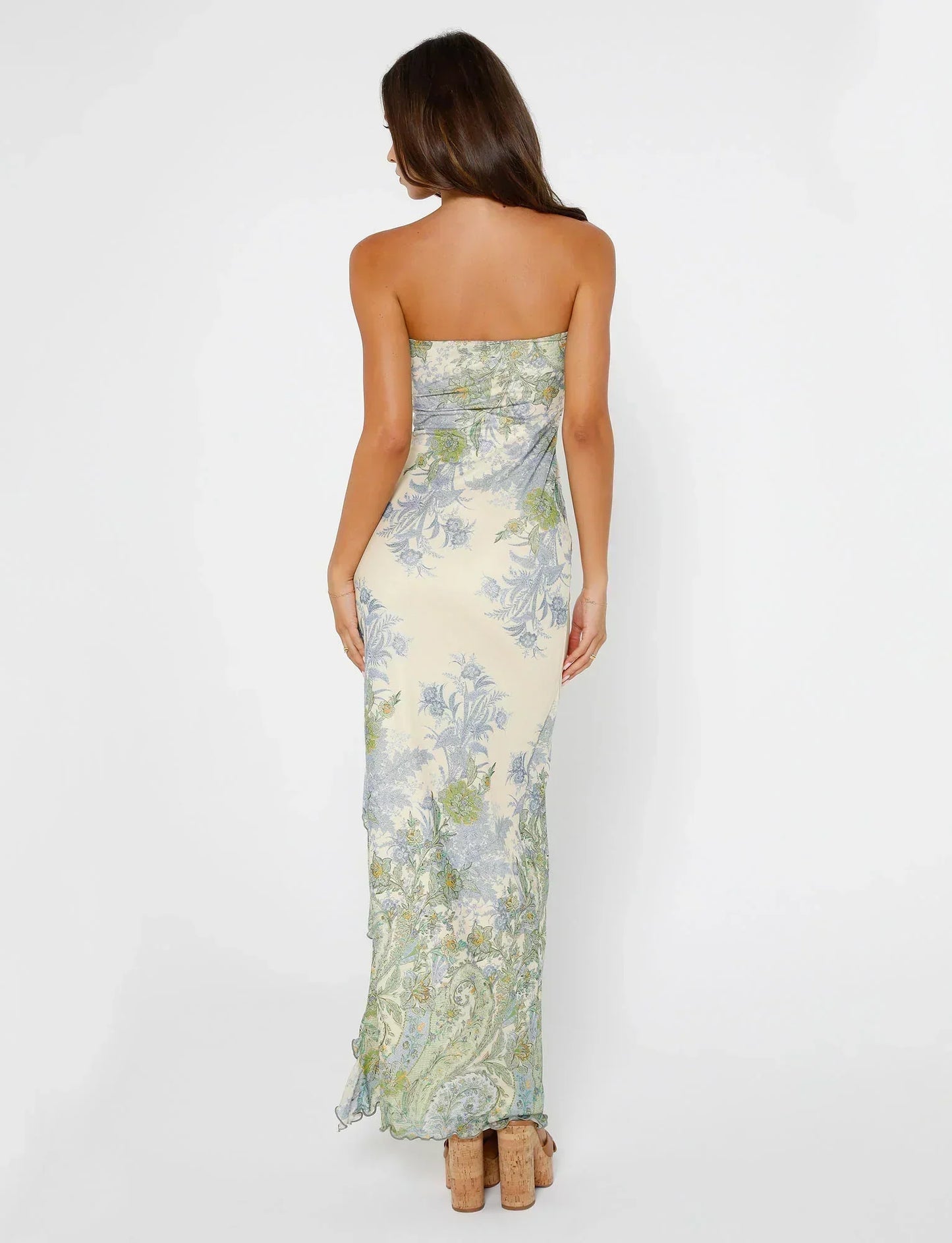 Dress for Women – Strapless Maxi – Tight Fit – Floral Pattern – High Slit