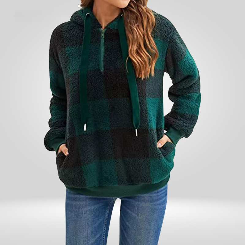 Women's Hoodie – Soft Knit – Relaxed Fit – Half Zipper – Checkered Pattern
